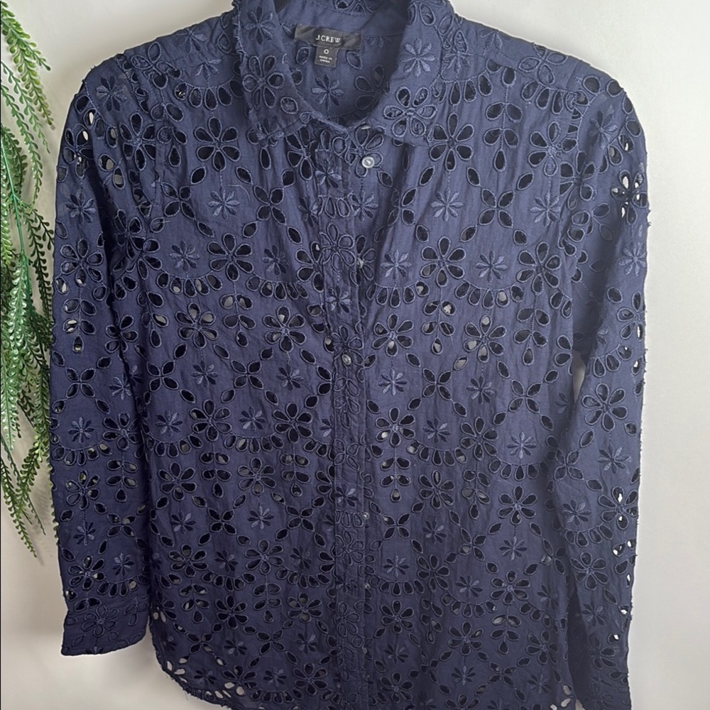 J. Crew Navy Floral Eyelet Embroidered Cotton collared button Blouse